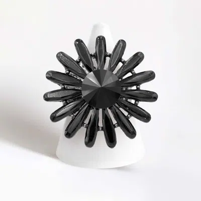 Fashnzfab Round Teardrop Stone Flower Stretch Ring In Black