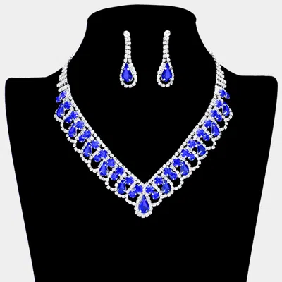Fashnzfab Round Teardrop Stone V Shaped Rhinestone Necklace In Blue