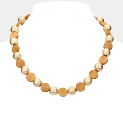 Fashnzfab Round Wood Metal Ball Necklace In Brown