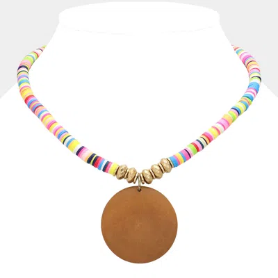 Fashnzfab Round Wood Pendant Disc Bead Necklace In Gold