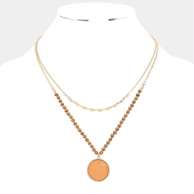 Fashnzfab Round Wood Pendant Double Layered Necklace In Gold