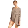 Fashnzfab Rounded Neckline 3/4 Sleeves Washed Top In Grey