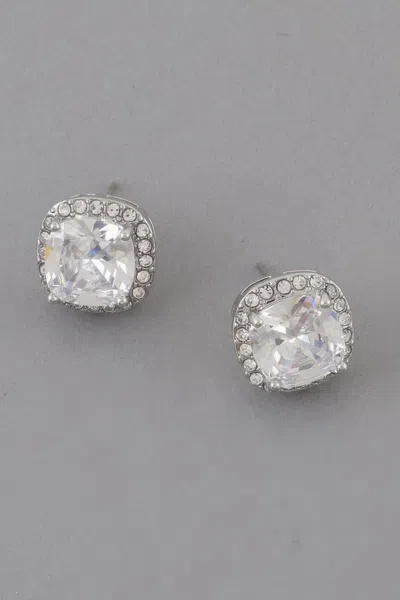 Fashnzfab Rounded Square Rhinestone Earrings In Silver