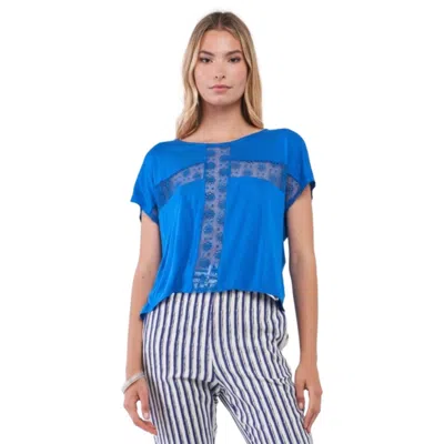 Fashnzfab Royal Blue Boat Neck Short Sleeve See-trough Cross Cut-in Detail With Floral Embroidery Top