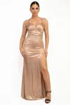 Fashnzfab Ruched Side Slit Lace-up Maxi Dress