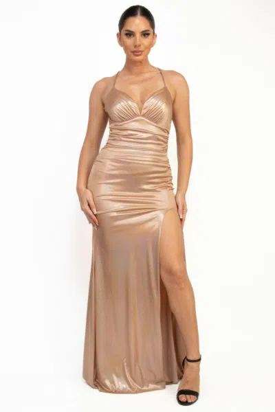 Fashnzfab Ruched Side Slit Lace-up Maxi Dress