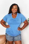 Fashnzfab Ruched V-neck Short Sleeve T-shirt In Blue