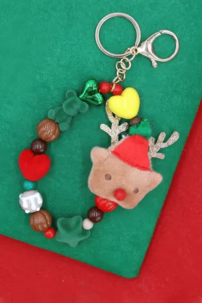 Fashnzfab Rudolph Plush Doll Pointed Charm Beaded Stretch Christmas Keychain In Multi