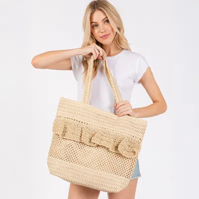 Fashnzfab Ruffle Crochet Tote Bag / Beach Bag In Sand