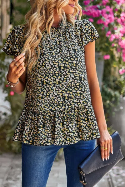 Fashnzfab Ruffle Frill Trim Mock Neck Short Sleeve Shirt In Black