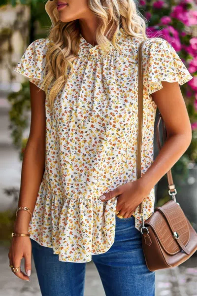 Fashnzfab Ruffle Frill Trim Mock Neck Short Sleeve Shirt
