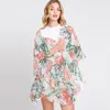 Fashnzfab Ruffle Lined Flower Leaves Printed Open Front Crochet Cover-up Kimono Poncho In Multi