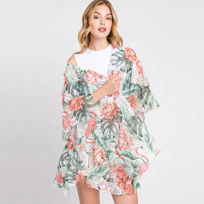Fashnzfab Ruffle Lined Flower Leaves Printed Open Front Crochet Cover-up Kimono Poncho In Multi