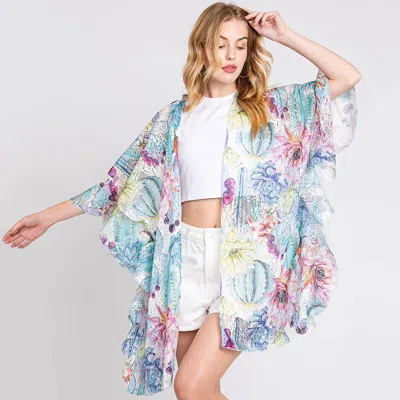 Fashnzfab Ruffle Lined Flower Print Open Front Crochet Cover-up Kimono Poncho In Blue