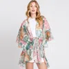 Fashnzfab Ruffle Lined Leaves Printed Open Front Crochet Cover-up Kimono Poncho In Multi