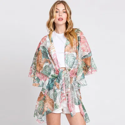 Fashnzfab Ruffle Lined Leaves Printed Open Front Crochet Cover-up Kimono Poncho In Multi