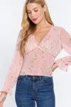 Fashnzfab Ruffle Slv Floral Print Chiffon Top In Pink