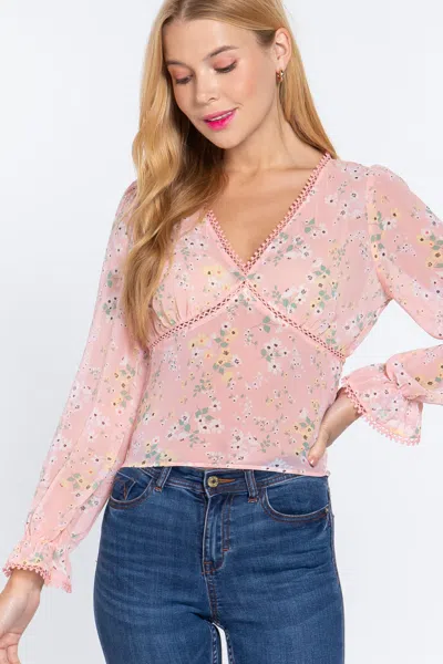 Fashnzfab Ruffle Slv Floral Print Chiffon Top In Pink