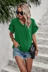Fashnzfab Ruffle Solid V Neck Short Sleeve Tunic Shirt