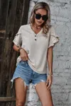 Fashnzfab Ruffle Solid V Neck Short Sleeve Tunic Shirt