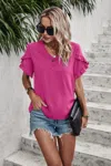 Fashnzfab Ruffle Solid V Neck Short Sleeve Tunic Shirt