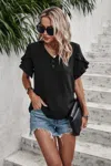 Fashnzfab Ruffle Solid V Neck Short Sleeve Tunic Shirt