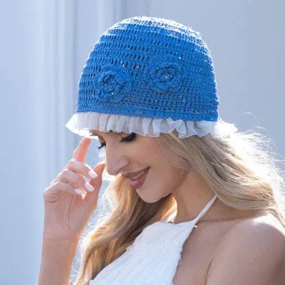 Fashnzfab Ruffle Trim Rhinestone Embellished Floral Crochet Cloche Hat In Blue