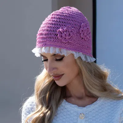 Fashnzfab Ruffle Trim Rhinestone Embellished Floral Crochet Cloche Hat In Pink