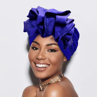 Fashnzfab Ruffled Statement Turban Hair Wrap In Blue