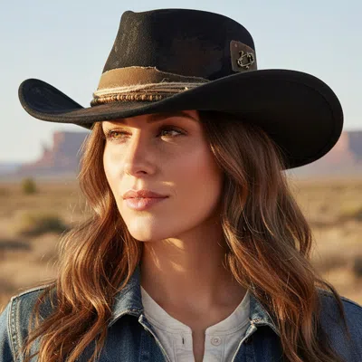 Fashnzfab Rustic Bow Band Vintage Distressed Western Cowgirl Fedora Hat In Black