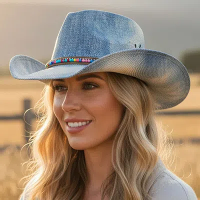 Fashnzfab Rustic Heishi Rhinestone Chain Band Western Straw Cowboy Hat In Metallic