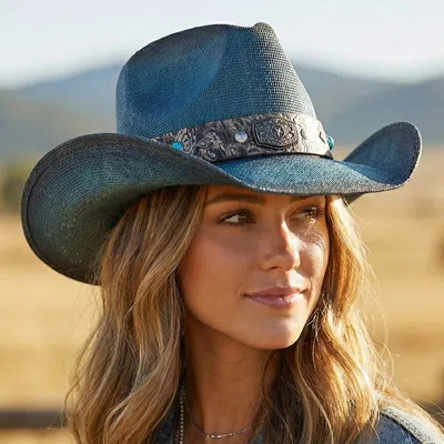 Fashnzfab Rustic Pattern Band Vintage Western Cowboy Straw Hat In Blue