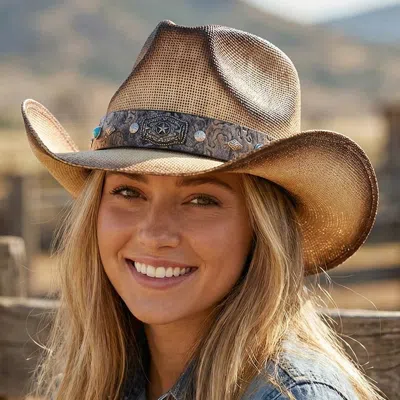 Fashnzfab Rustic Pattern Band Vintage Western Cowboy Straw Hat In Brown