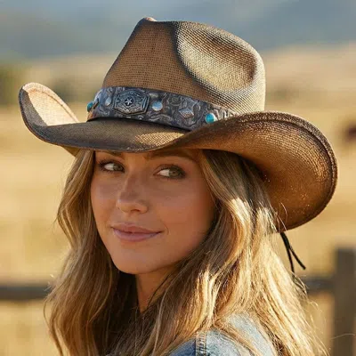 Fashnzfab Rustic Pattern Band Vintage Western Cowboy Straw Hat In Brown