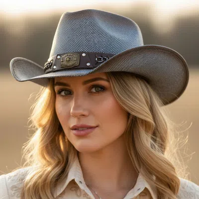 Fashnzfab Rustic Star Concho Belt Accent Faux Leather Band Western Straw Cowboy Hat In Multi