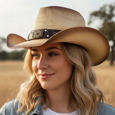 Fashnzfab Rustic Star Concho Belt Accent Faux Leather Band Western Straw Cowboy Hat In Sand