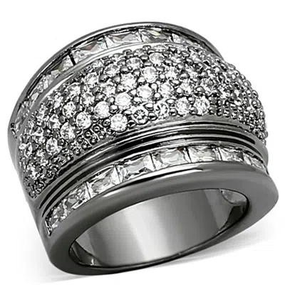 Fashnzfab Ruthenium Brass Ring With Aaa Grade Cz In Clear In Metallic