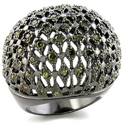 Fashnzfab Ruthenium Brass Ring With Aaa Grade Cz In Olivine Color In Silver