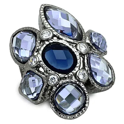 Fashnzfab Ruthenium Brass Ring With Synthetic Synthetic Glass In Multi Color In Blue
