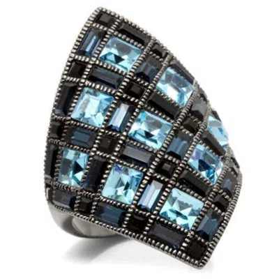 Fashnzfab Ruthenium Brass Ring With Top Grade Crystal In Sea Blue
