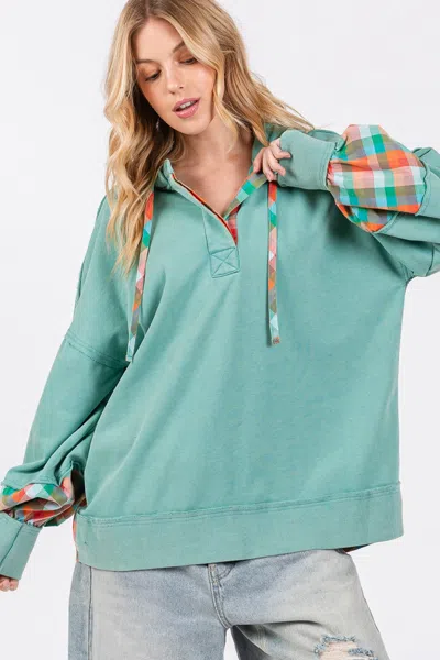 Fashnzfab Sage + Fig Full Size Plaid Print Washed Hoodie In Multi