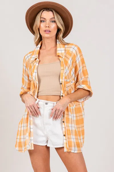 Fashnzfab Sage + Fig Plaid Button Up Side Slit Shirt In Beige