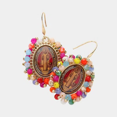 Fashnzfab Saint Benedict Cross Printed Faceted Bead Cluster Dangle Earrings - Multi