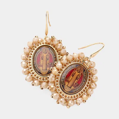 Fashnzfab Saint Benedict Cross Printed Faceted Bead Cluster Dangle Earrings In Gold