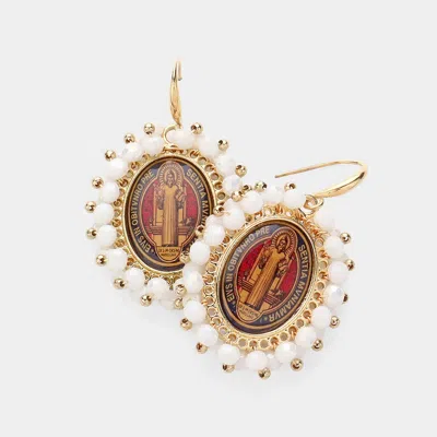 Fashnzfab Saint Benedict Cross Printed Faceted Bead Cluster Dangle Earrings - White In Red