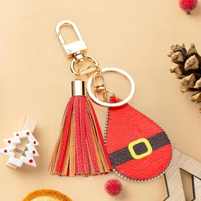 Fashnzfab Santa Claus Cloth Print Faux Leather Teardrop Tassel Keychain / Bag Charm In Red
