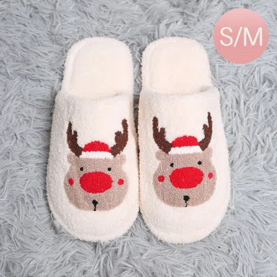 Fashnzfab Santa Hat Rudolph Print Soft Home Indoor Floor Slippers White S/m