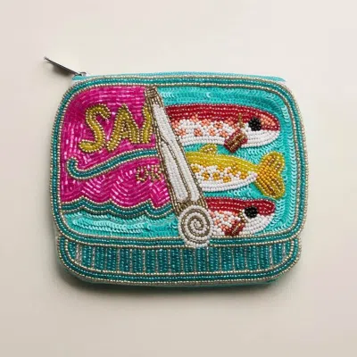 Fashnzfab Sardine Can Seed Beaded Mini Pouch Bag In Blue