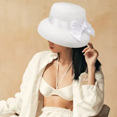 Fashnzfab Satin Bow Band Straw Church Hat In White