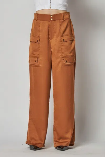 Fashnzfab Satin Cargo Pocket Wide Leg Pants In Brown